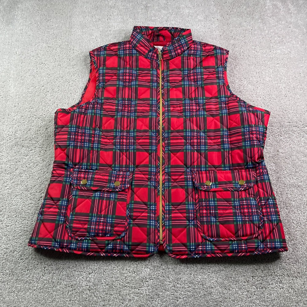 St Johns Bay Vest Womens 3X Red Plaid Diamond Quilted Puffer Full Zip Holiday